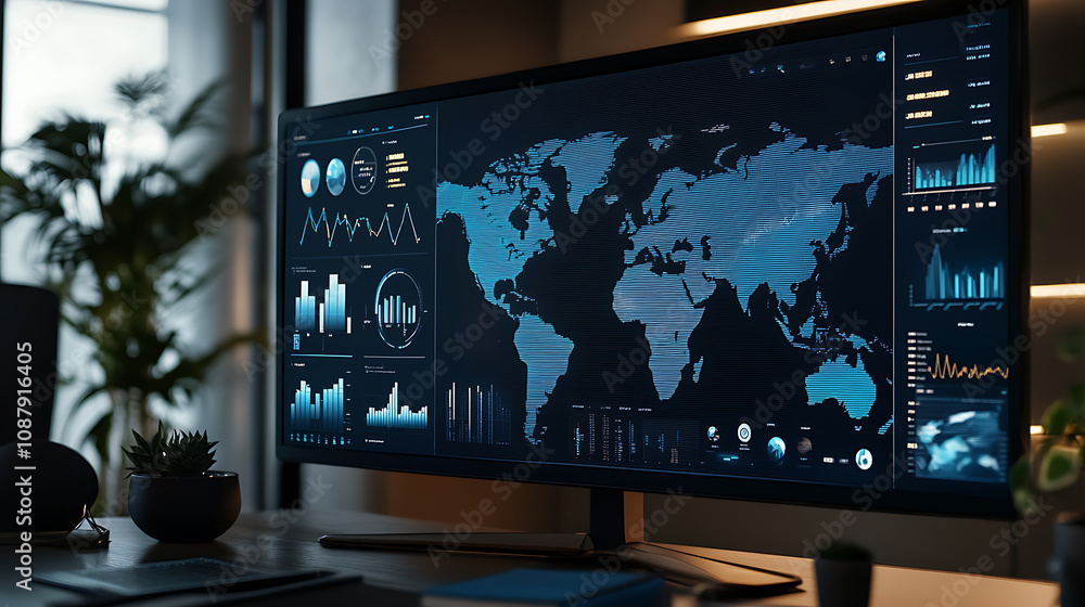 Fototapete Digital data visualization of global business, showcasing various charts and graphs on the screen with maps of different countries