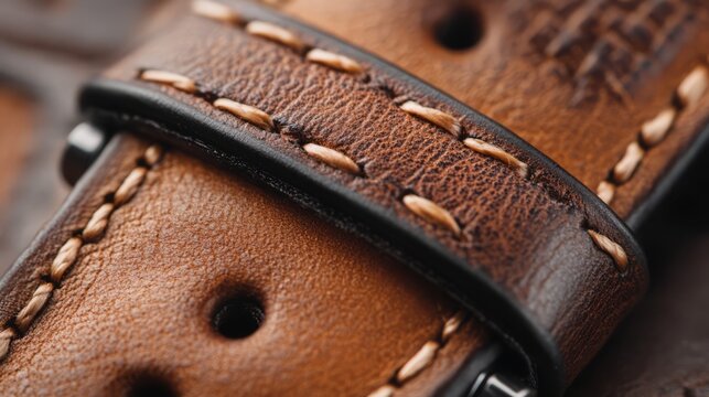 Close-up of a brown leather watch strap with white stitching.