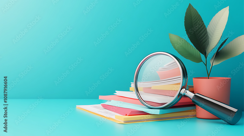 Aufkleber magnifying glass and a stack of report paper documents, concept of business and search