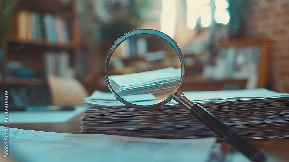 Poster magnifying glass and a stack of report paper documents, concept of business and search
