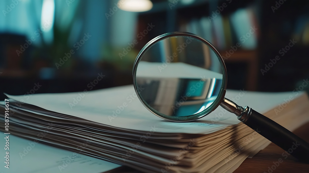 Poster magnifying glass and a stack of report paper documents, concept of business and search