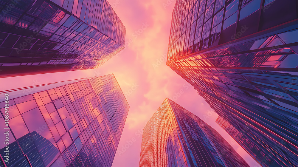 Poster modern skyscrapers connected digitally, representing the integration of technology in real estate bu