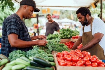 Farmers selling freshly harvested fruits and vegetables at a local outdoor market, customers selecting produce.