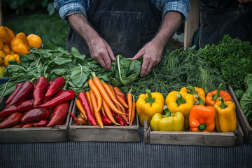 Organic farmer arranging fresh produce for sale at a market, focusing on brightly colored peppers, carrots, and greens.