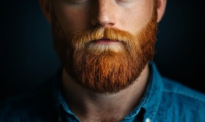 Obraz premium Close-up of a man with a well-groomed, long, red beard and mustache, wearing a blue shirt against a dark background