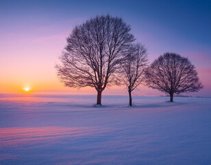 Three leafless trees in a snow-covered field at sunrise, with soft pink and orange hues in the sky, creating a tranquil and idyllic winter scene that highlights the beauty of nature's stillness.