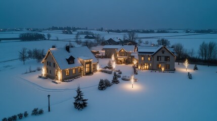 Fototapeta premium Stunning Winter Wonderland Scene with Beautifully Lit Houses and Snow-Covered Landscape at Twilight in a Serene Rural Setting