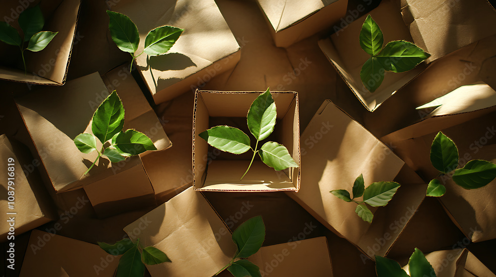 Poster top view of cardboard boxes crafted from natural, recyclable materials featuring sprouting green lea