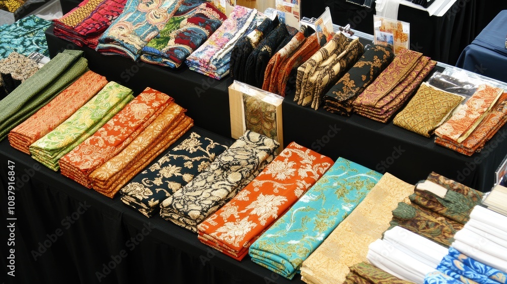 Poster a colorful display of traditional textiles and fabrics at a market showcasing rich patterns and text