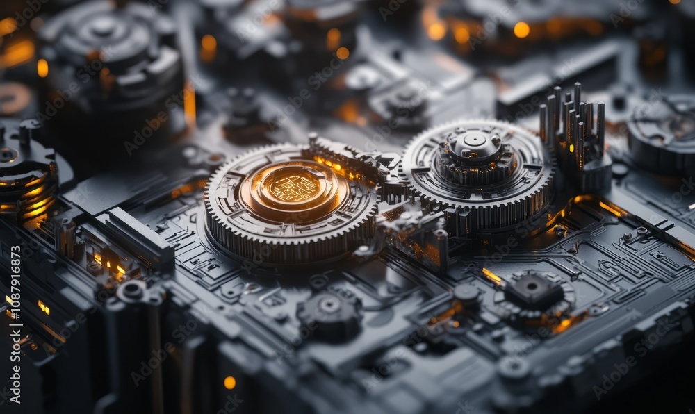 Poster closeup of complex mechanical gears and ai algorithms, blending machinery with digital code