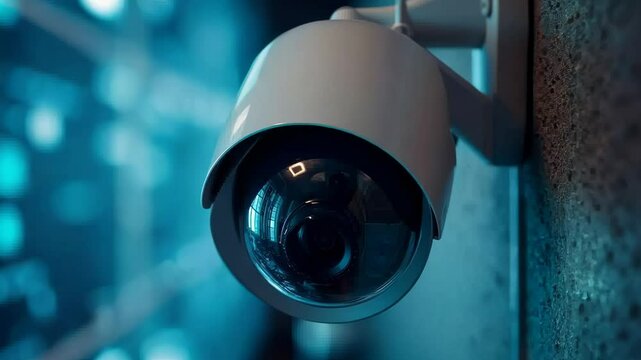 Security camera against blurred blue tech background. Close-up view highlights sleek design and reflective lens surface, futuristic ambiance. Slow zoom in motion. Dynamic surveillance perspective.
