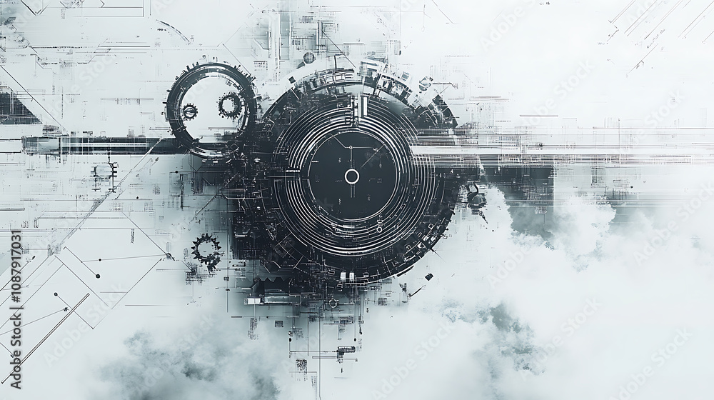 Poster banner of digital technology, gray color palette with white background and gears in the middle, tech