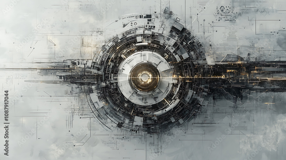 Poster banner of digital technology, gray color palette with white background and gears in the middle, tech