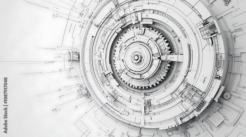 Poster banner of digital technology, gray color palette with white background and gears in the middle, tech