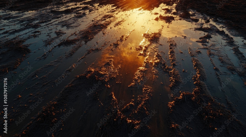 Poster Golden Reflection on Waterlogged Ground at Sunset with Intricate Patterns of Mud and Light Creating a Serene Atmosphere in Nature