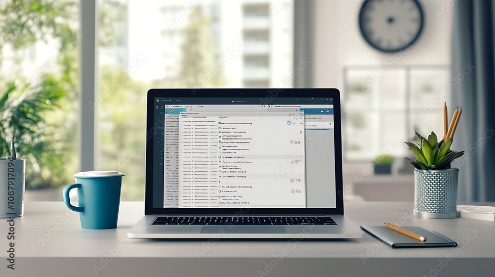 Poster illustration of an open laptop showing an email client interface on the screen, with an office desk 