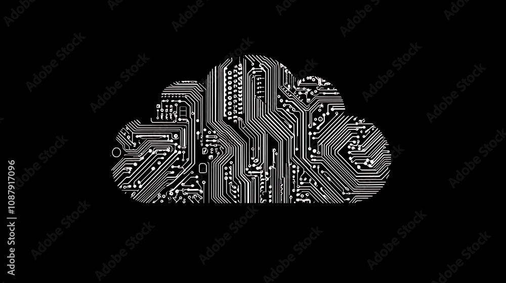 Aufkleber minimalistic cloud made of circuit board patterns on a black background, white lines