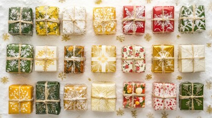 Colorful Wrapped Gifts with Decorative Patterns on Snowy Background for Holiday Celebrations, Christmas, New Year, and Festive Occasions