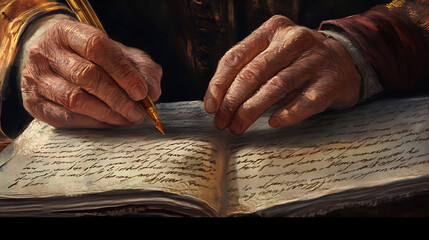 Naklejka premium Elderly mans hand writing on an old manuscript digital illustration showcasing wisdom knowledge and experience