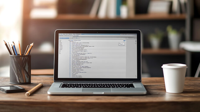 Illustration of an open laptop showing an email client interface on the screen, with an office desk background, a coffee cup and pencil in front
