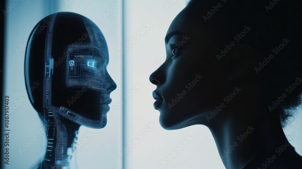 Leinwandbilder A person studies their reflection alongside a humanoid AI in a digital mirror, creating a blend of humanity and technology. Generative AI