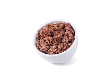 Fried ground meat in a white bowl on a white isolated background