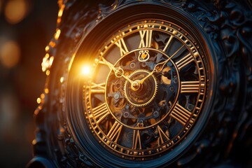 Fototapeta premium Mechanical clock with visible rotating gears, warm tones and soft lighting, a sense of retro aesthetic
