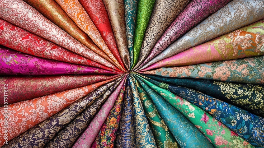 Poster assorted textiles displaying vibrant colors and intricate patterns for crafting, fashion, and interi