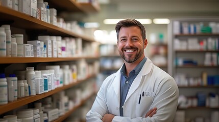 Fototapeta premium Pharmacist displaying various medications and pills on a pharmacy counter, bright store space