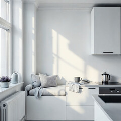 Modern Flat Minimalist Kitchen Interior with Blank Wall Mockup	

