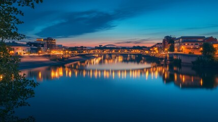 Naklejka premium Cityscape with a bridge over a river at twilight.