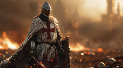Dramatic portrait of a crusader knight in bloodstained armor and a white cape with a red cross, standing tall amidst a fiery battlefield, evoking heroism and intensity under a golden sunset.
