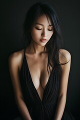 Naklejka premium Asian woman in a black floor-length dress with a plunging neckline