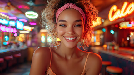 Vibrant portrait of a cheerful young woman with curly hair and a pink headband, smiling radiantly in a retro-style diner filled with colorful neon lights and a lively atmosphere.
