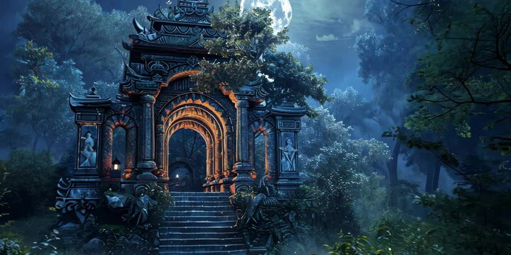 Whispering forest temple in moonlight, 4K Video