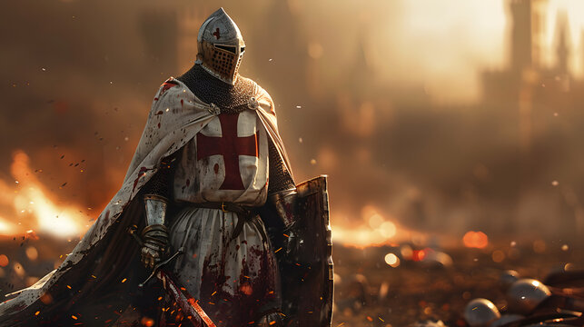 Dramatic portrait of a crusader knight in bloodstained armor and a white cape with a red cross, standing tall amidst a fiery battlefield, evoking heroism and intensity under a golden sunset.
