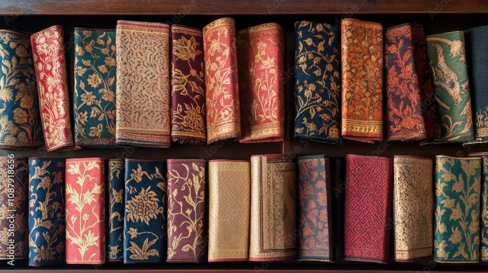 Poster collection of vintage decorative textiles displayed in a wooden shelf with intricate patterns and ri