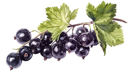 Ripe black currant with green leaves on a white background. Illustration with watercolor effect.