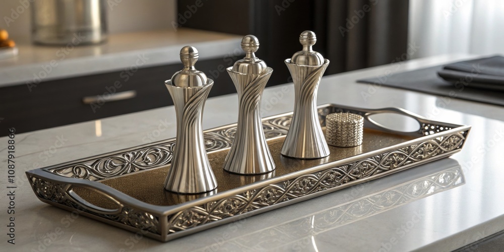 Poster elegant arrangement a minimalist display of sleek metallic s figurines positioned on a decorative tr