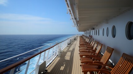 Obraz premium The expansive and pristine deck of a cruise ship, with rows of lounge chairs under a bright blue sky