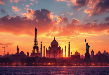 Famous Landmarks at Sunset with Vibrant Colors and Soft Shadows
