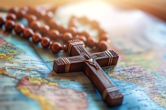 World Religion Day. Close-up of a wooden rosary with a cross placed on a detailed world map, symbolizing faith and global mission - Powered by Adobe