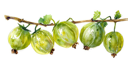 Sprig of ripe green gooseberry on a white background, watercolor drawing.