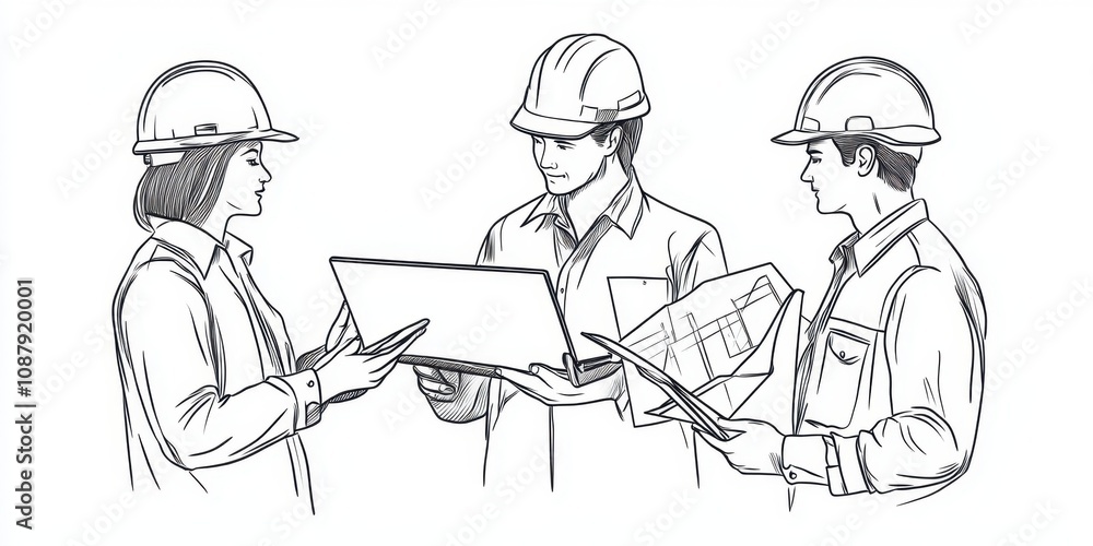 Poster imple line drawing of an engineering team working together, holding a laptop and blueprint paper in 