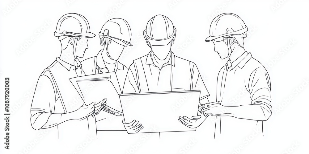 Poster simple line drawing of an engineering team working together, holding a laptop and blueprint paper in