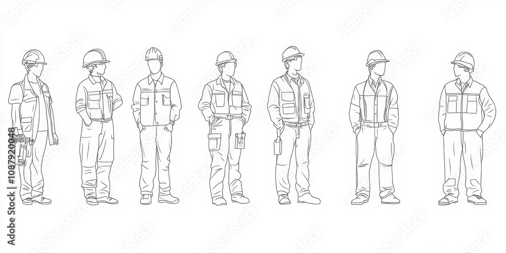 Poster a set of simple line drawings of industrial engineers and workers, white background generative ai