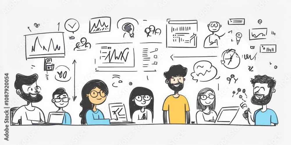 Poster a set of simple line drawings of engineers and team members working together, white background gener