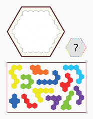 Educational and colorful puzzle for children. Fun intelligence and logic game. Placing hexagon shaped blocks.