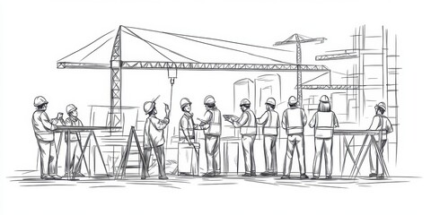 Obraz premium A set of engineering team members working at a construction site, depicted in a illustration with line drawings, outlines, and black ink on a white background Generative AI