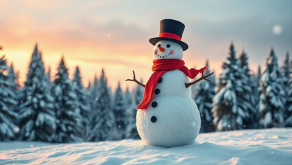 Obraz premium happy snowman with a red scarf and hat in winter secenery with copy space